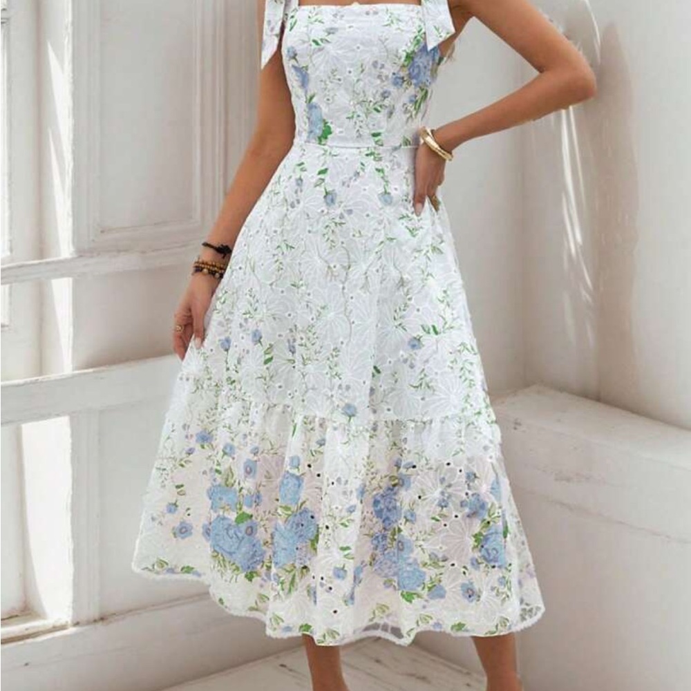 SHEIN Embroidered Floral Print Square Neckline Eyelet Dress
